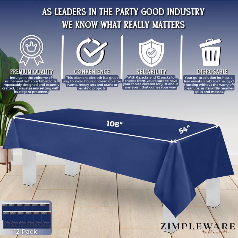 ZIMPLEWARE Premium Navy Blue Plastic Table Cloth Disposable (12 Pk) Plastic Tablecloths for Rectangle Tables (54in x 108in) Party Table Cloths Disposable for 6ft to 8ft Rectangle Tables - Image 3